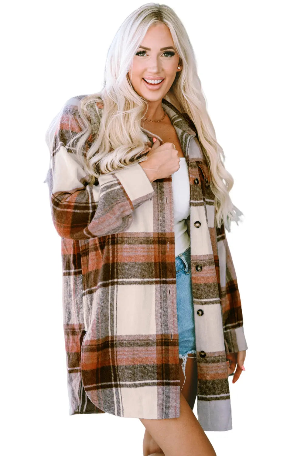 Brown Plaid Print Flap Pockets Long Shacket eAura