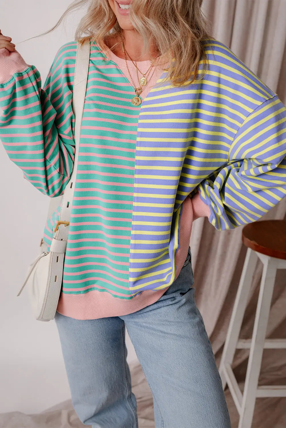 Brown Stripe Casual Stripe Colourblock Drop Shoulder Oversize Sweatshirt - BB Fashion Outlet