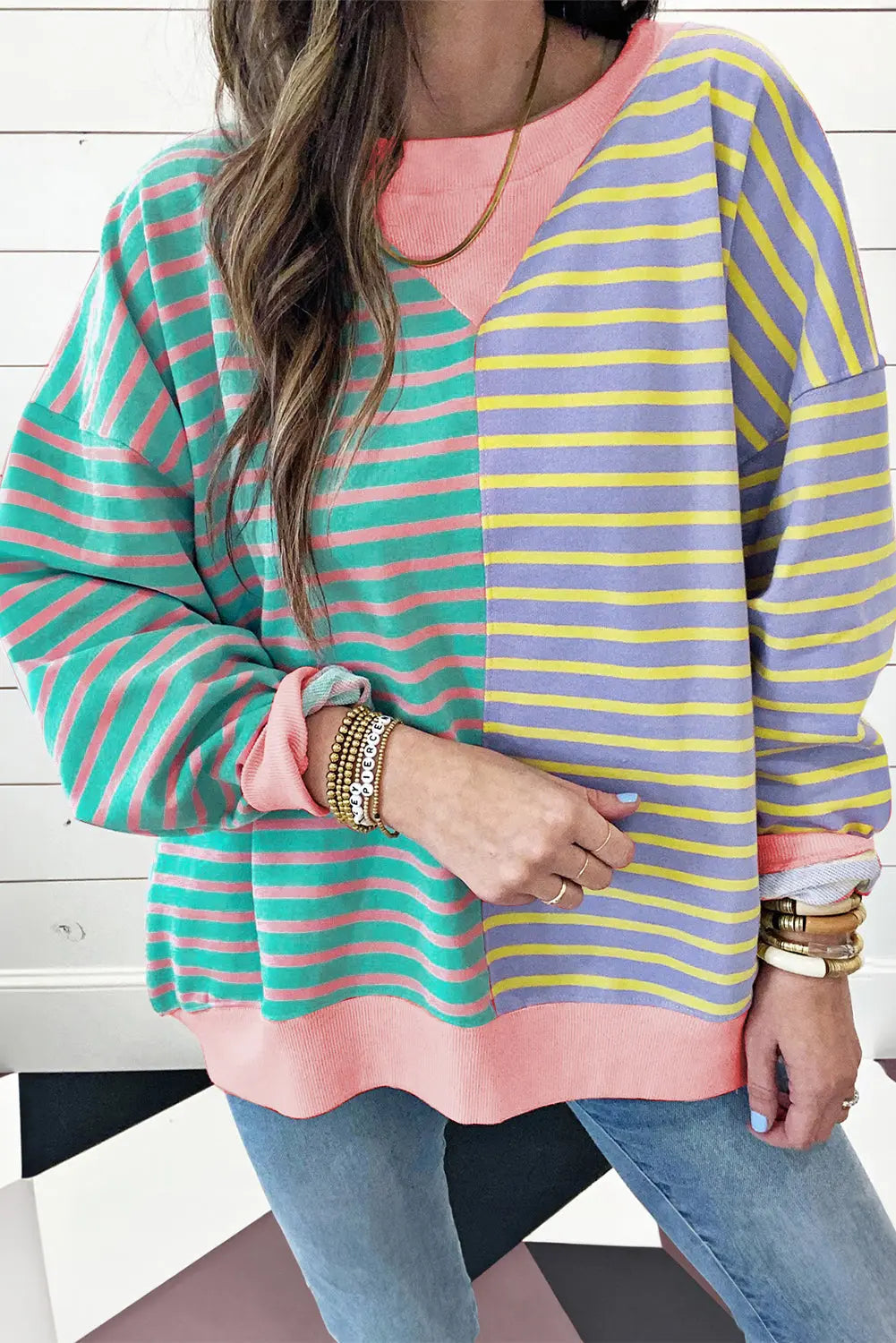 Brown Stripe Casual Stripe Colourblock Drop Shoulder Oversize Sweatshirt - BB Fashion Outlet