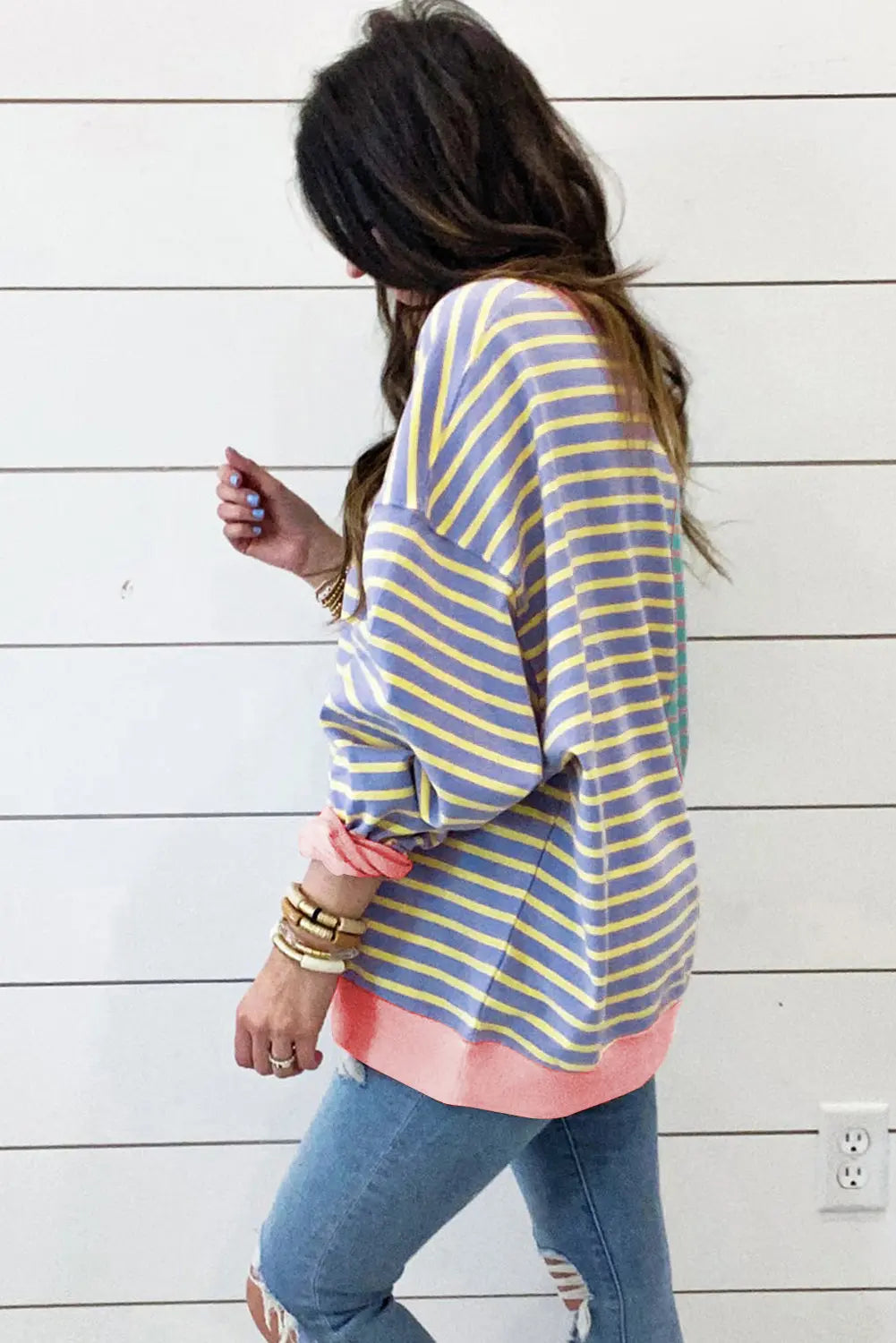 Brown Stripe Casual Stripe Colourblock Drop Shoulder Oversize Sweatshirt - BB Fashion Outlet