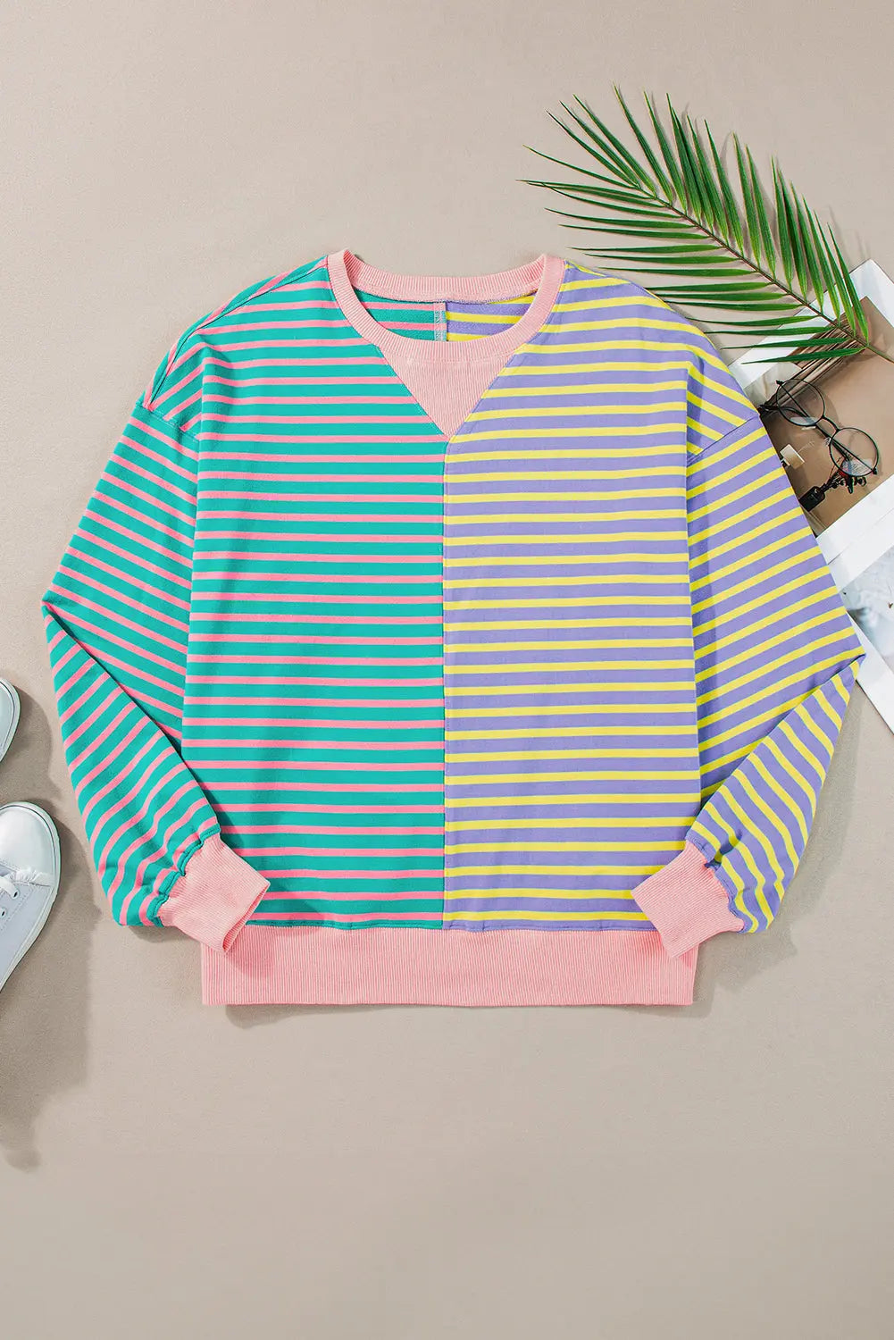Brown Stripe Casual Stripe Colourblock Drop Shoulder Oversize Sweatshirt - BB Fashion Outlet