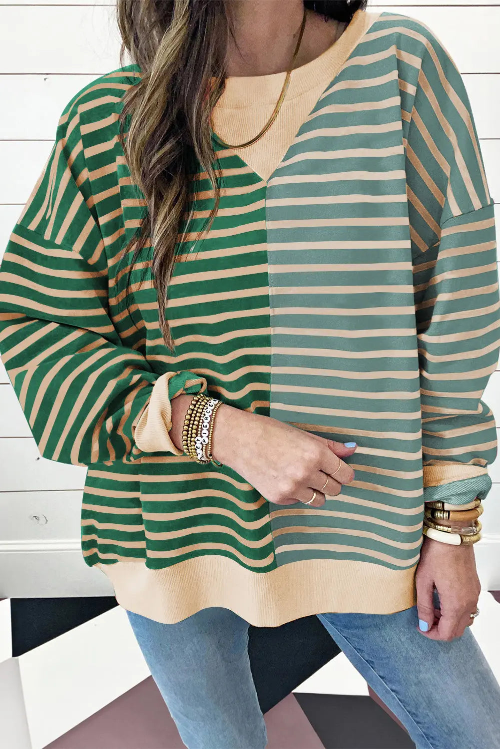 Brown Stripe Casual Stripe Colourblock Drop Shoulder Oversize Sweatshirt - BB Fashion Outlet