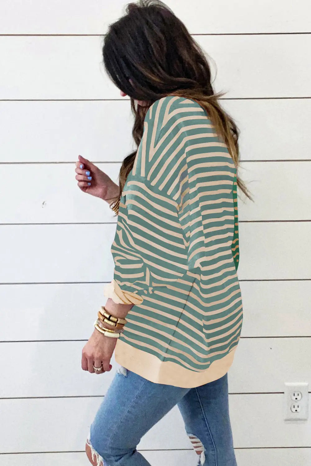 Brown Stripe Casual Stripe Colourblock Drop Shoulder Oversize Sweatshirt - BB Fashion Outlet