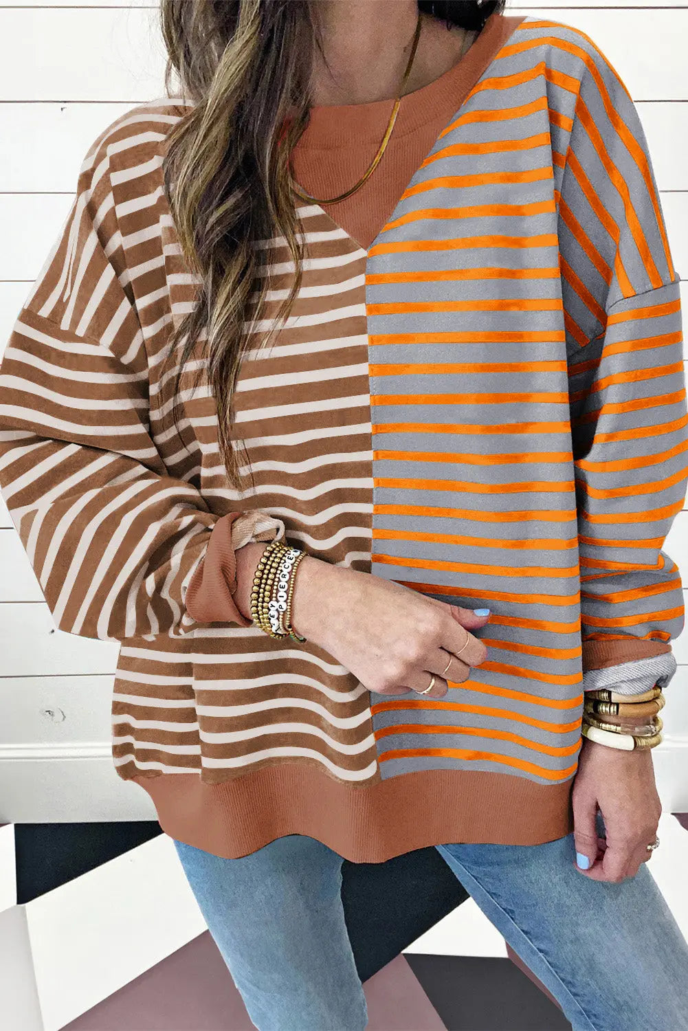 Brown Stripe Casual Stripe Colourblock Drop Shoulder Oversize Sweatshirt - BB Fashion Outlet
