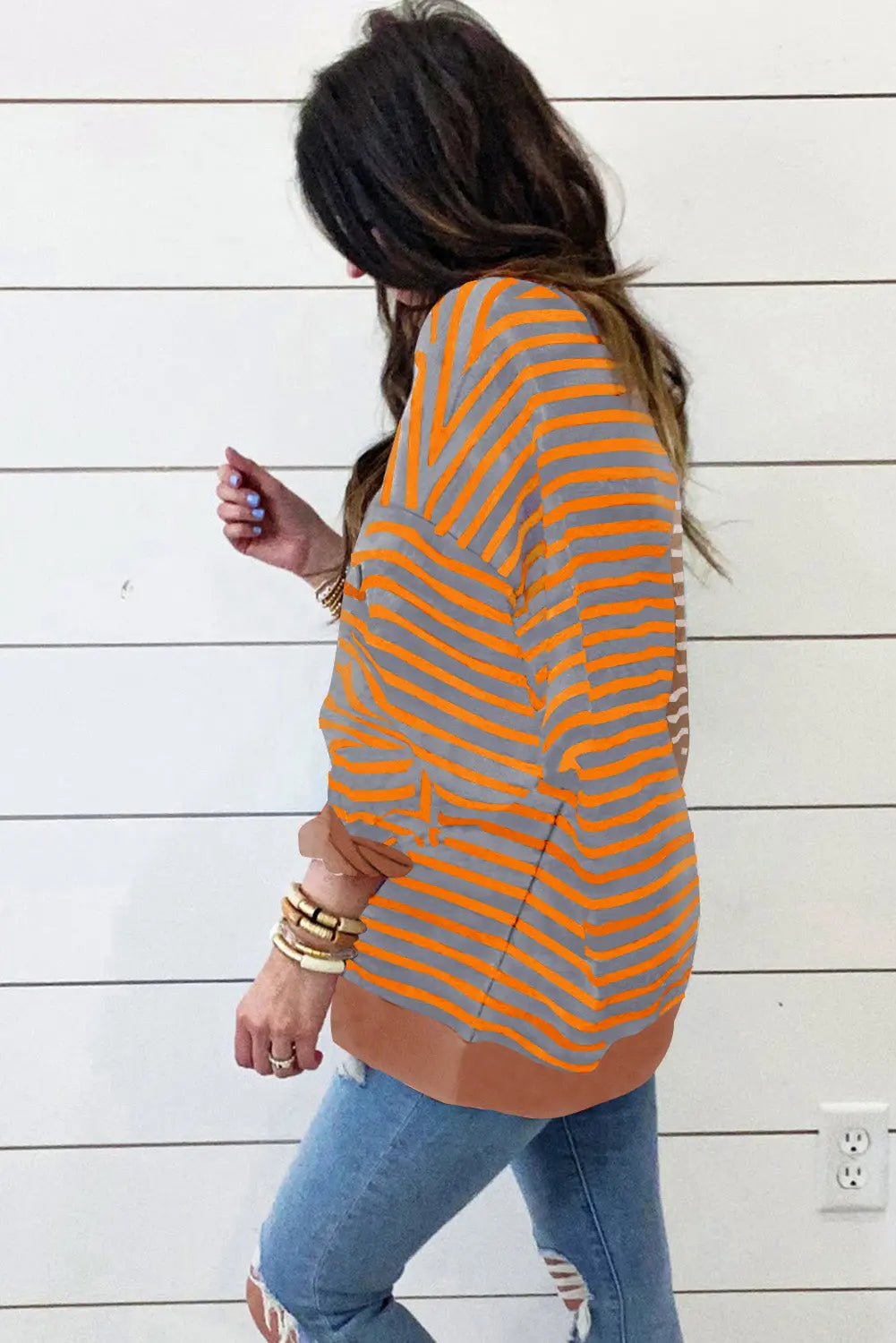 Brown Stripe Casual Stripe Colourblock Drop Shoulder Oversize Sweatshirt - BB Fashion Outlet