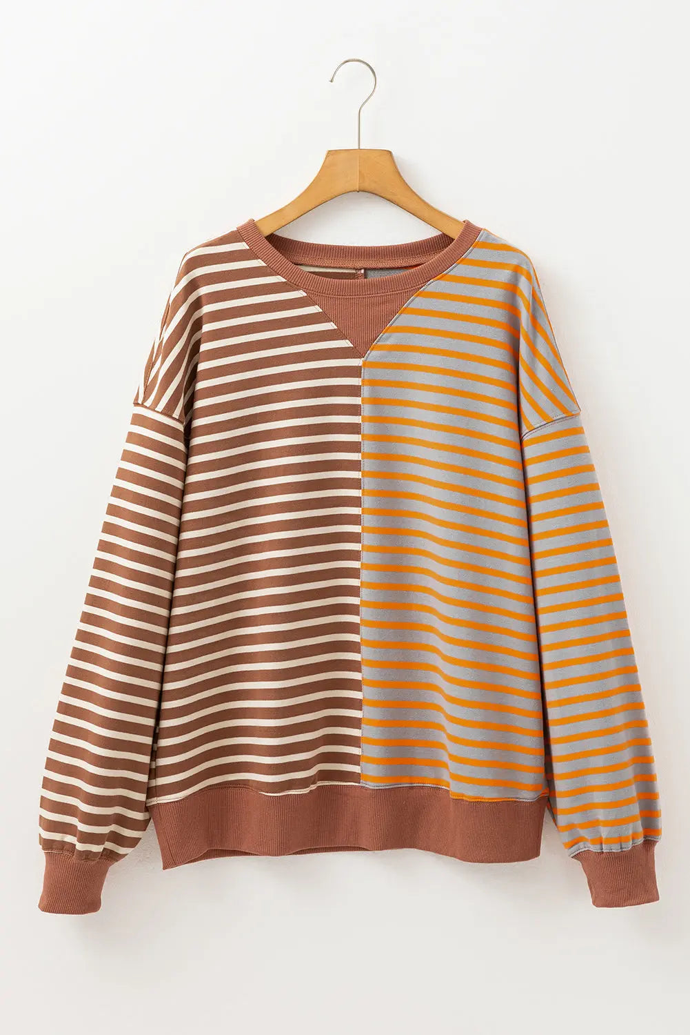 Brown Stripe Casual Stripe Colourblock Drop Shoulder Oversize Sweatshirt - BB Fashion Outlet