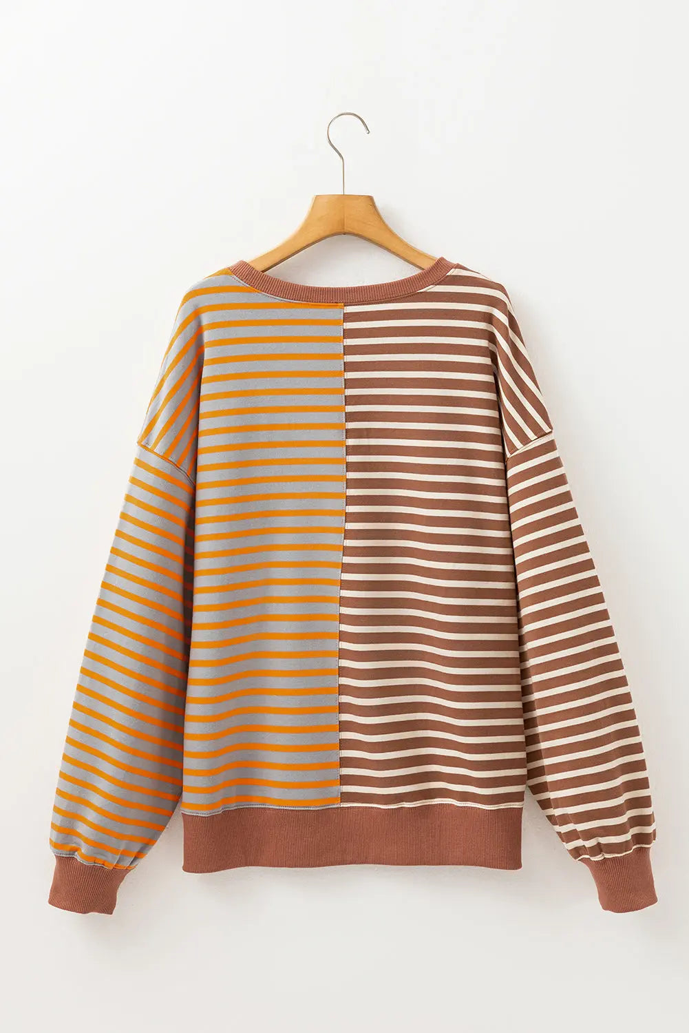 Brown Stripe Casual Stripe Colourblock Drop Shoulder Oversize Sweatshirt - BB Fashion Outlet