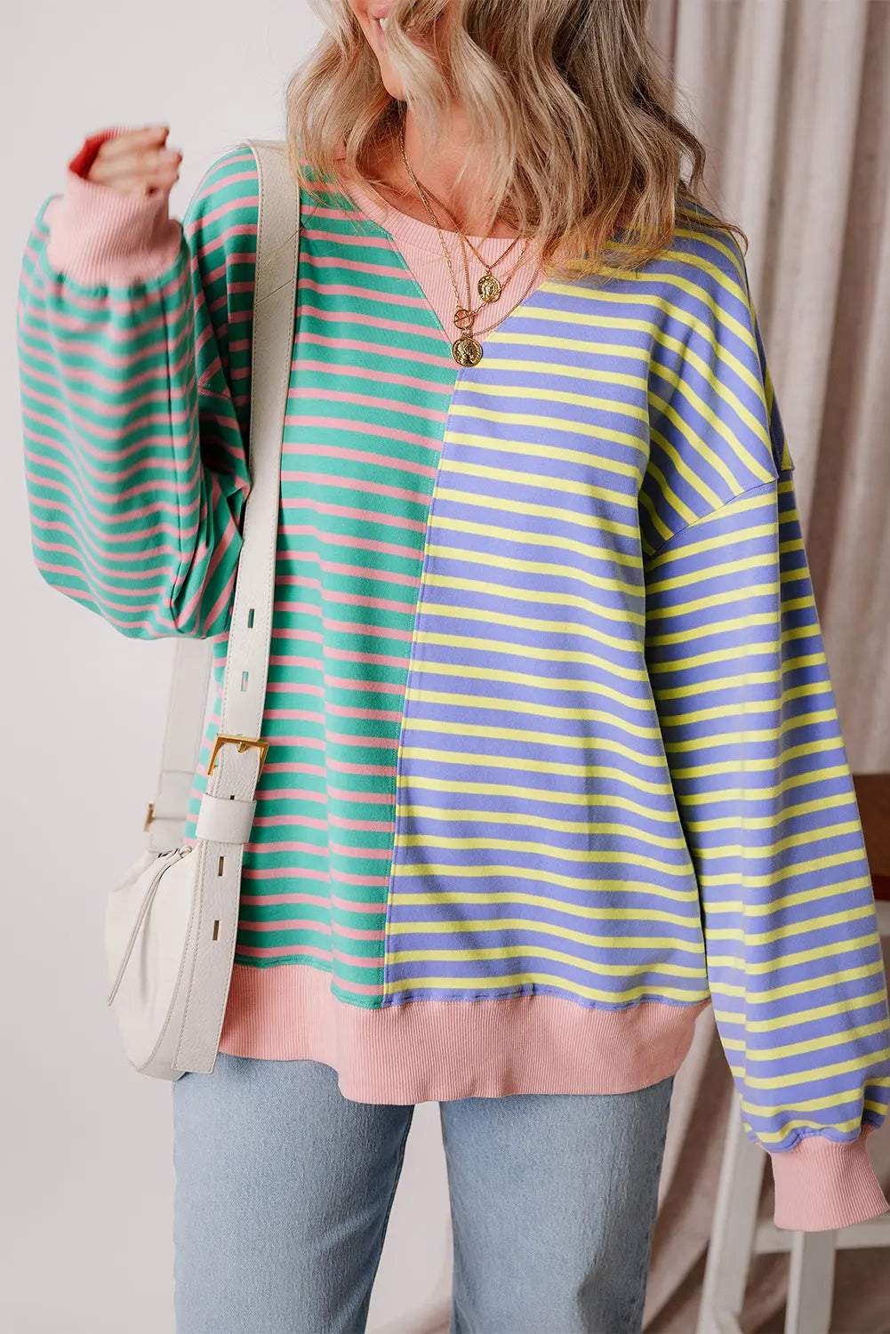 Brown Stripe Casual Stripe Colourblock Drop Shoulder Oversize Sweatshirt - BB Fashion Outlet