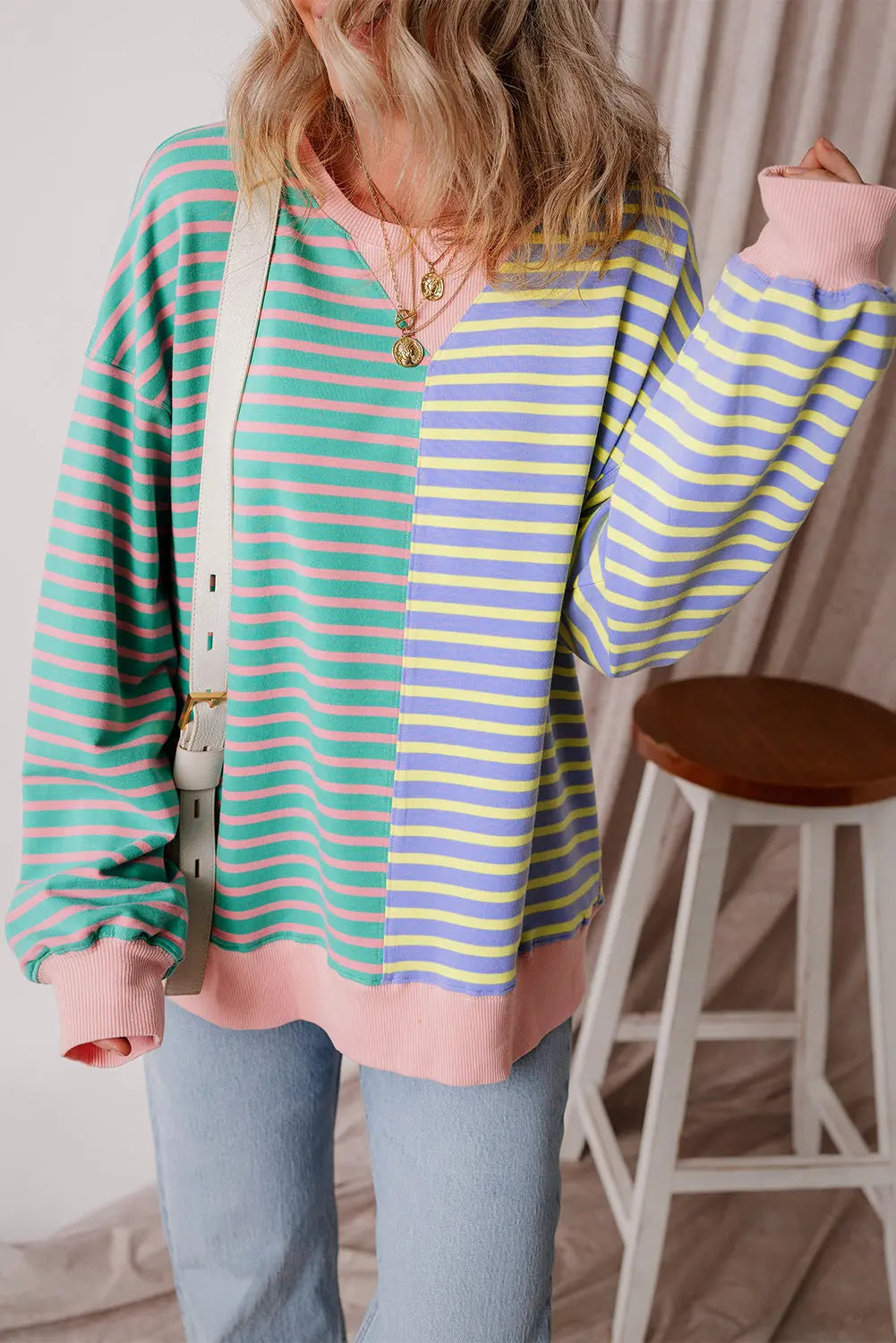 Brown Stripe Casual Stripe Colourblock Drop Shoulder Oversize Sweatshirt - BB Fashion Outlet