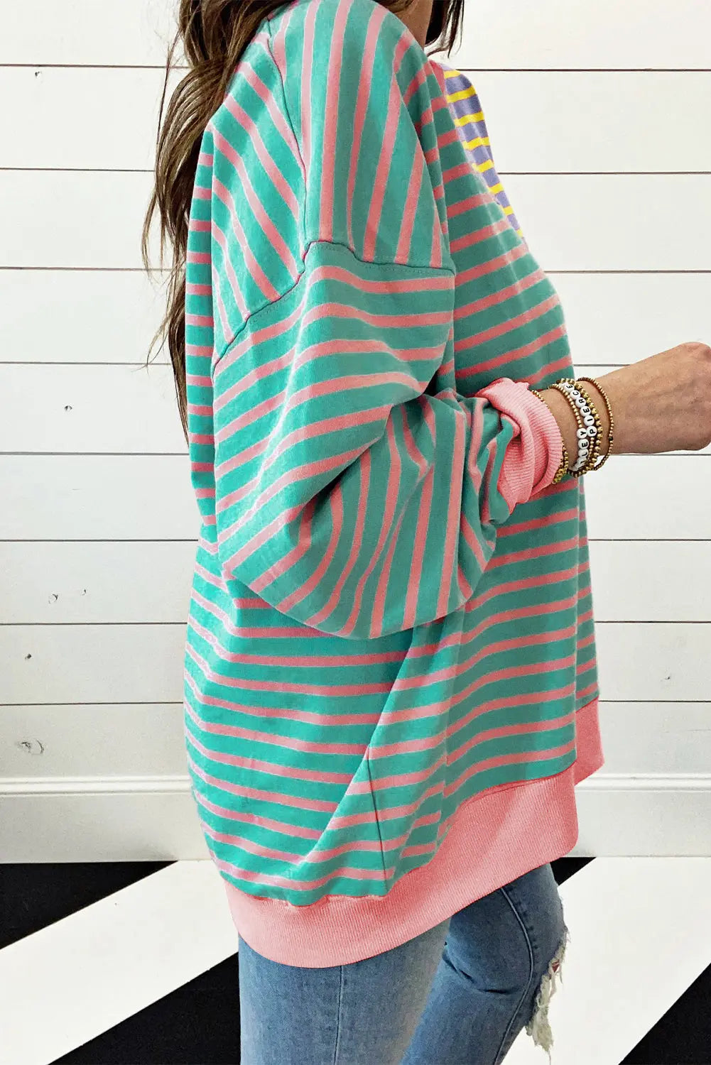 Brown Stripe Casual Stripe Colourblock Drop Shoulder Oversize Sweatshirt - BB Fashion Outlet