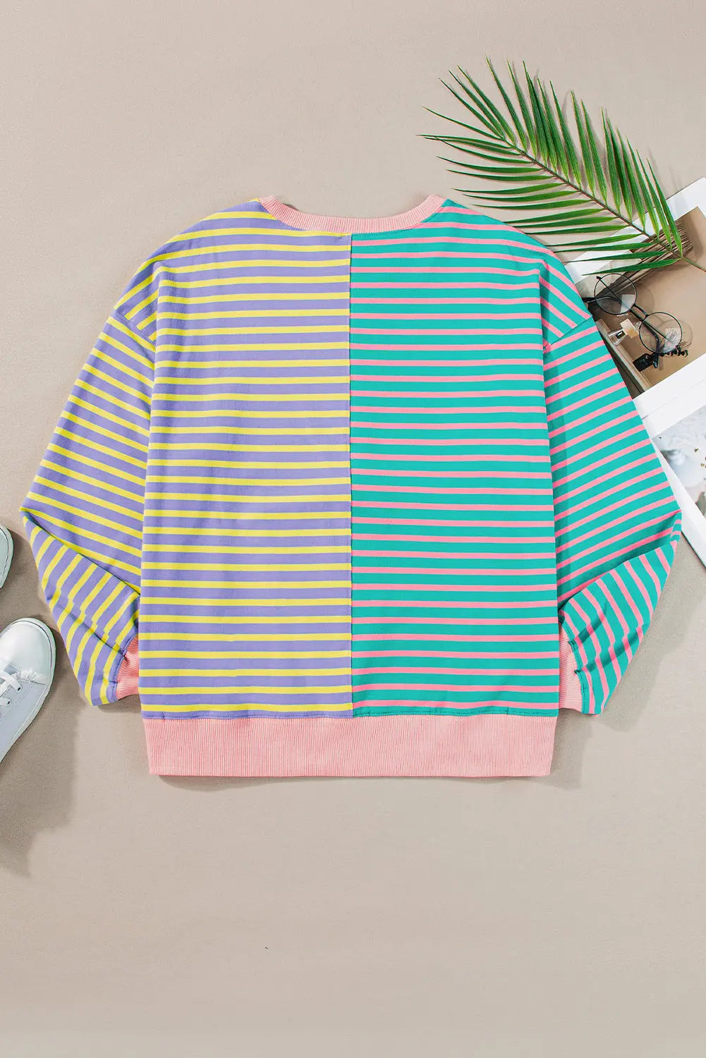Brown Stripe Casual Stripe Colourblock Drop Shoulder Oversize Sweatshirt - BB Fashion Outlet