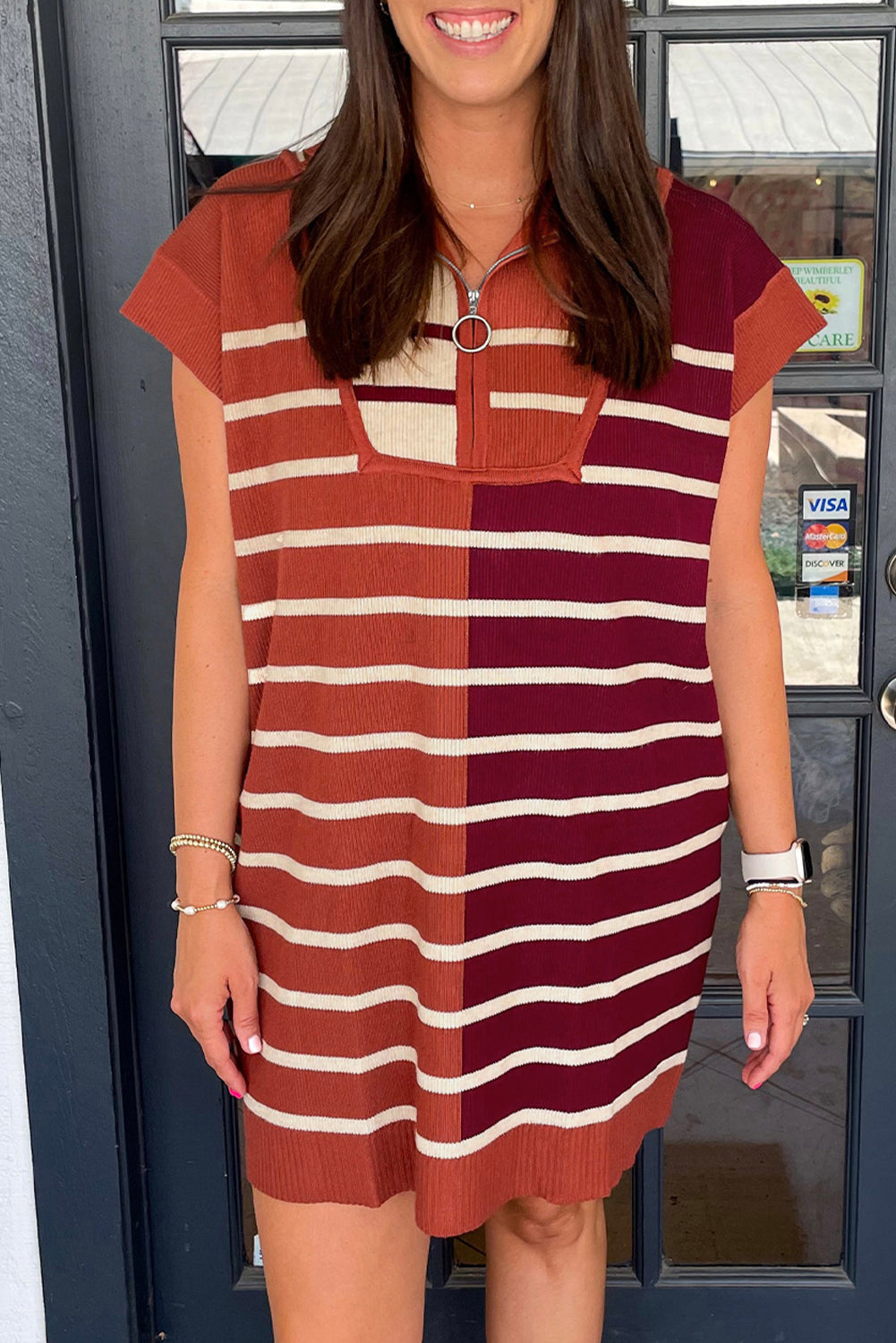Brown Stripe Colour Block Quarter Zip Collar Short Sleeve Sweater Dress - eAura