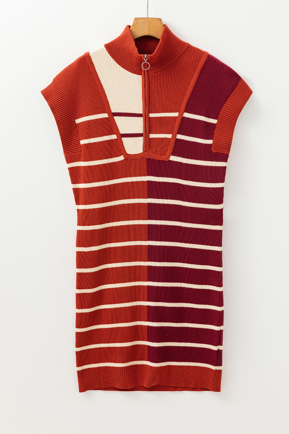 Brown Stripe Colour Block Quarter Zip Collar Short Sleeve Sweater Dress - eAura