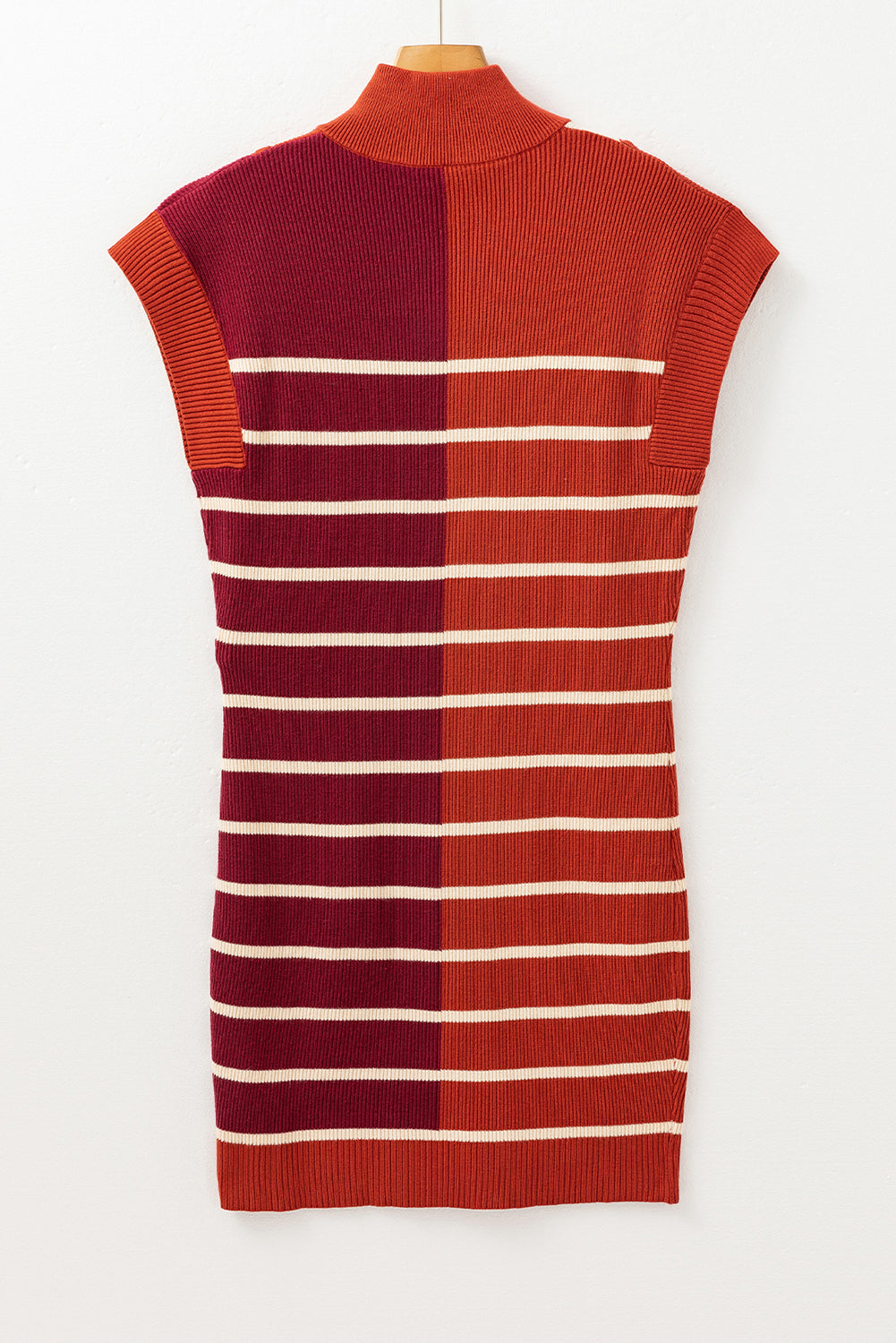 Brown Stripe Colour Block Quarter Zip Collar Short Sleeve Sweater Dress - eAura