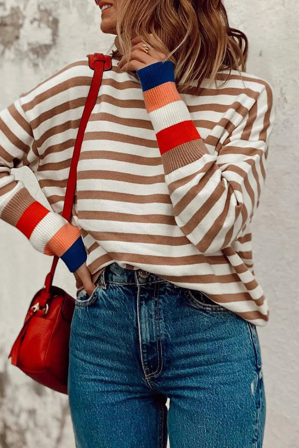 Brown Stripe Colourblock Bishop Sleeve Turtleneck Sweater - BB Fashion Outlet