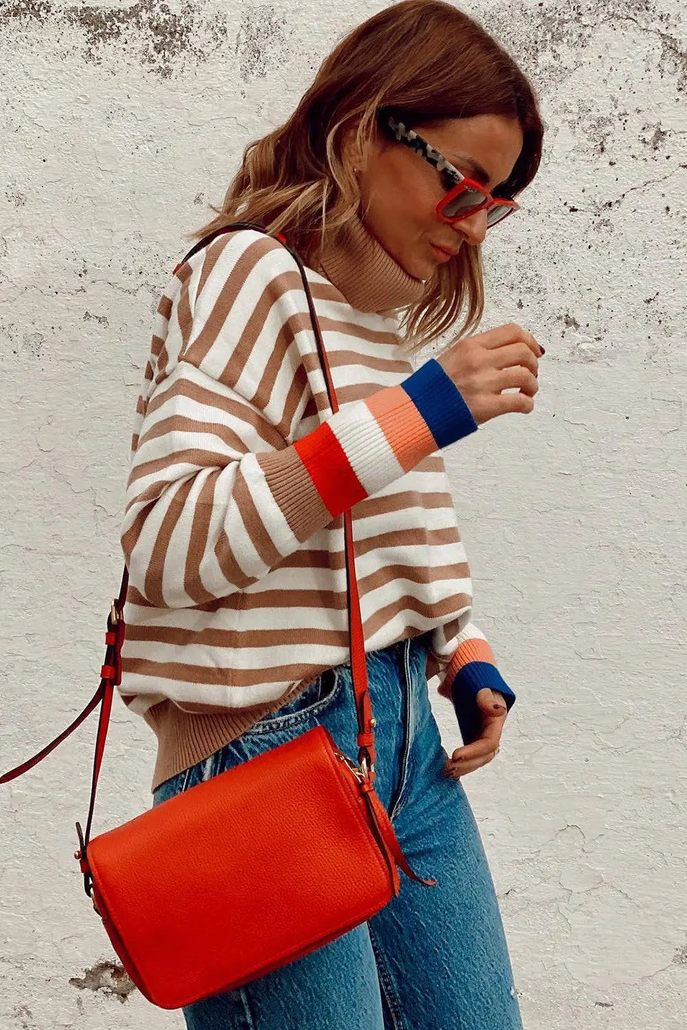 Brown Stripe Colourblock Bishop Sleeve Turtleneck Sweater - BB Fashion Outlet