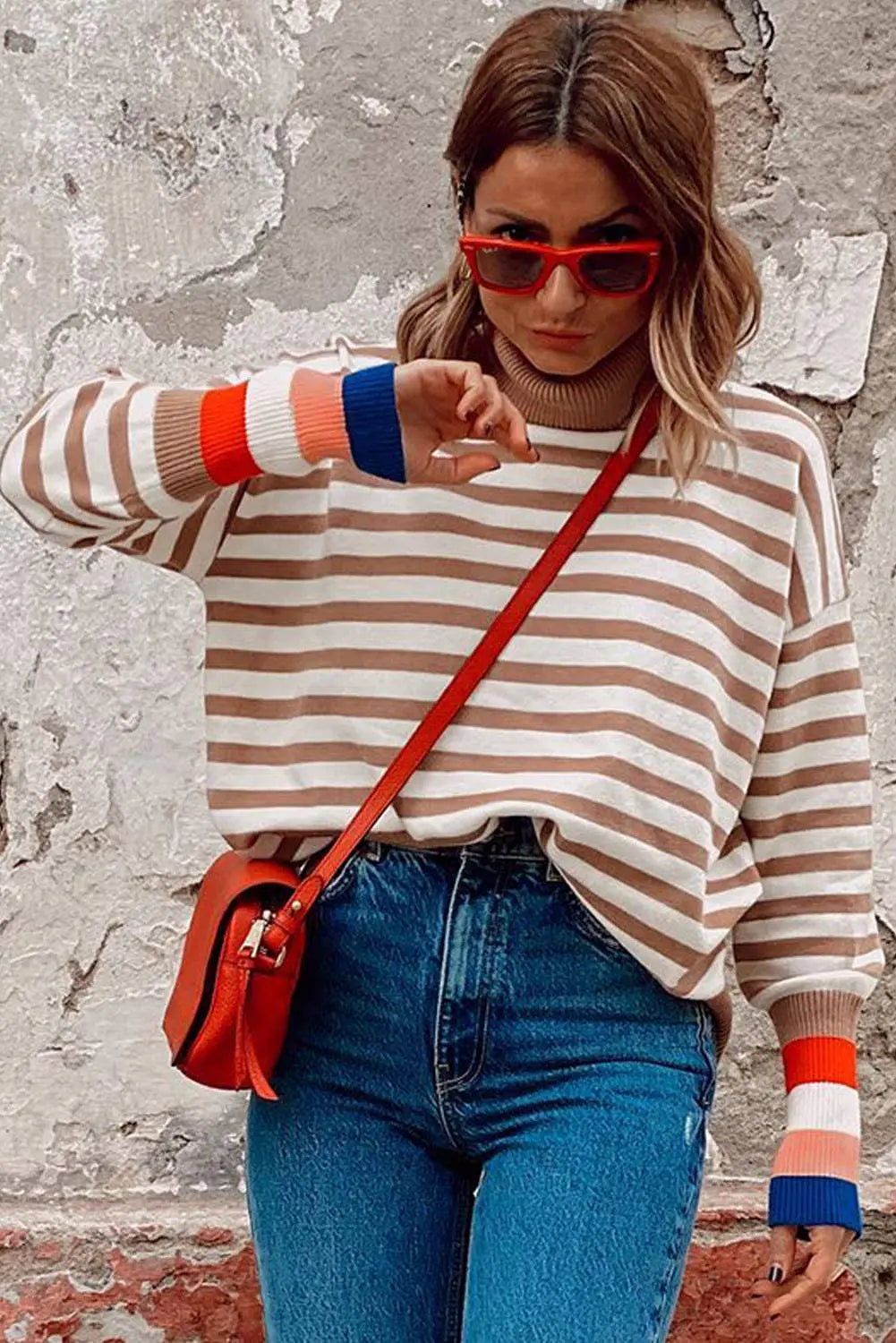 Brown Stripe Colourblock Bishop Sleeve Turtleneck Sweater - BB Fashion Outlet