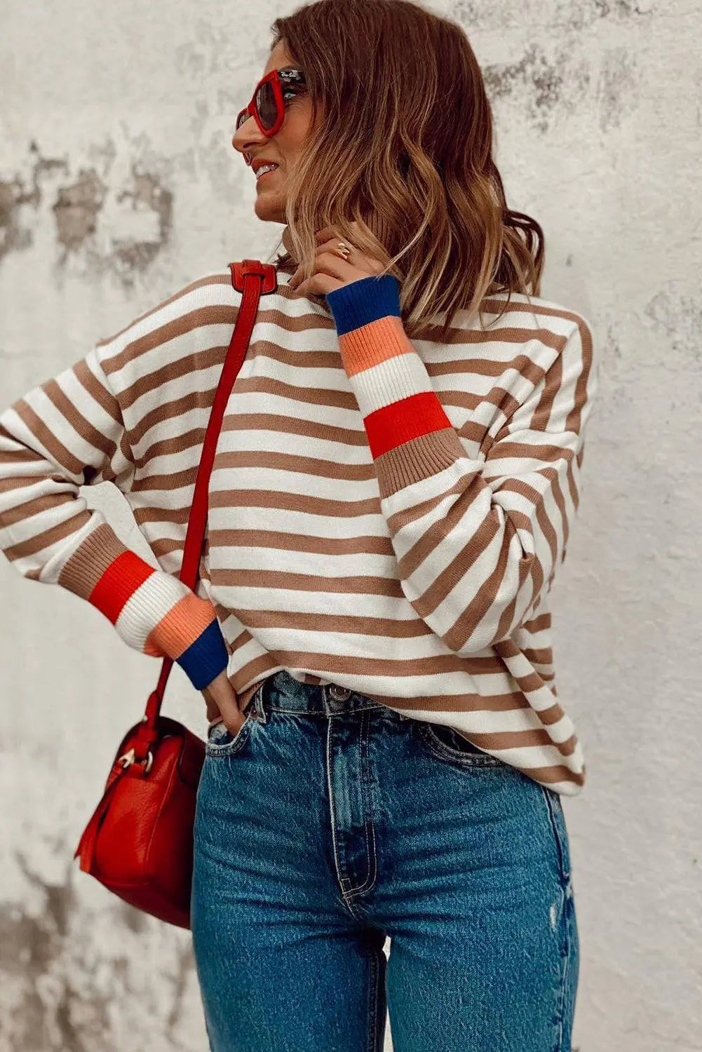 Brown Stripe Colourblock Bishop Sleeve Turtleneck Sweater - BB Fashion Outlet