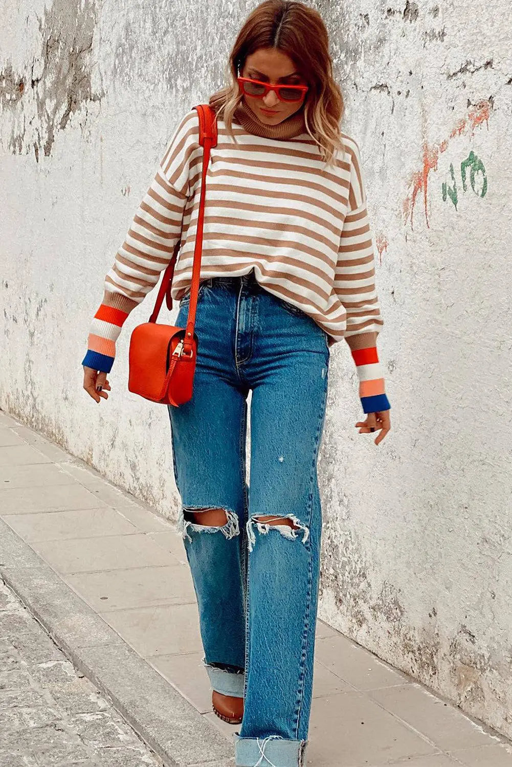 Brown Stripe Colourblock Bishop Sleeve Turtleneck Sweater - BB Fashion Outlet