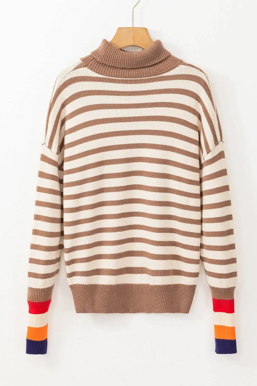 Brown Stripe Colourblock Bishop Sleeve Turtleneck Sweater - BB Fashion Outlet