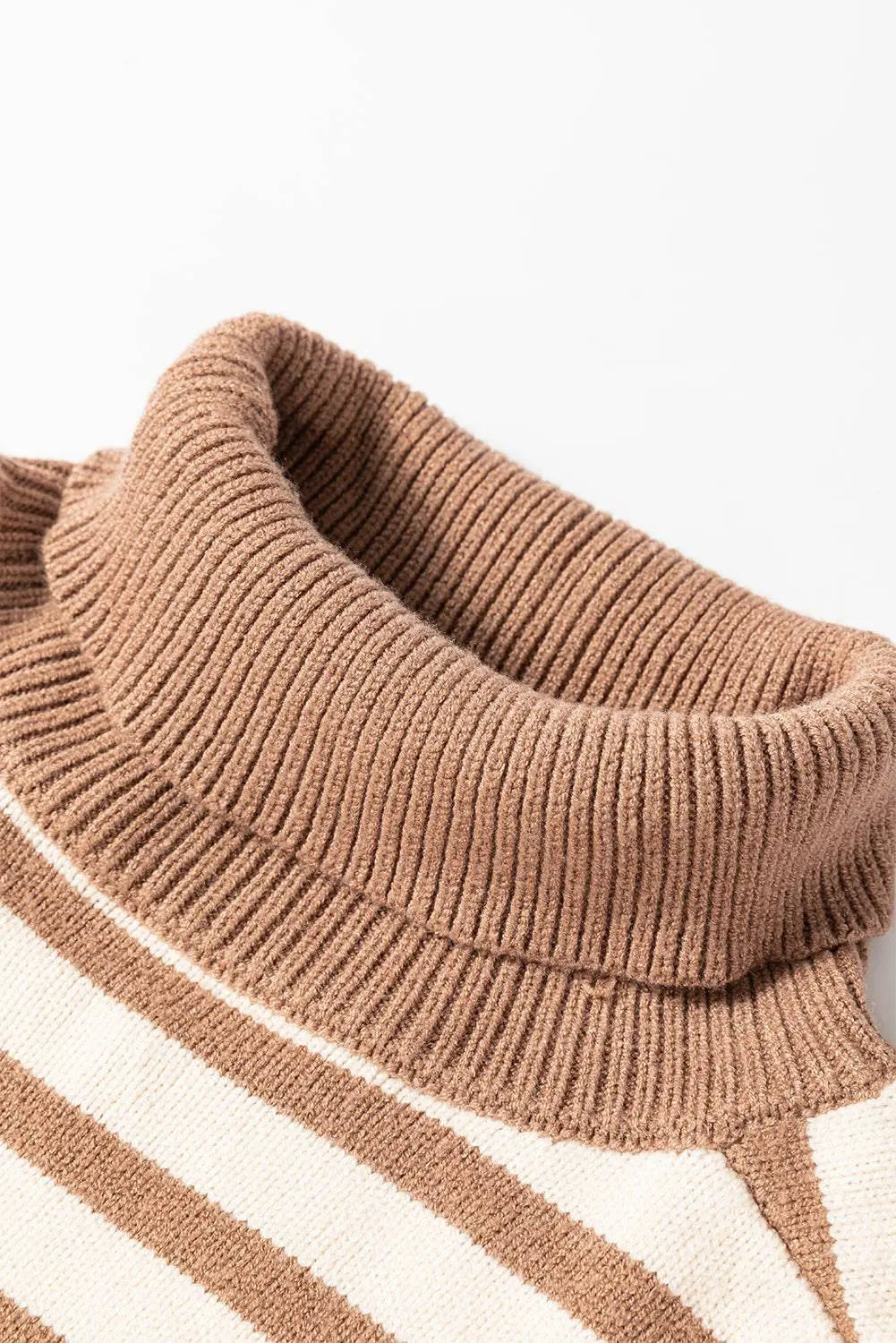 Brown Stripe Colourblock Bishop Sleeve Turtleneck Sweater - BB Fashion Outlet
