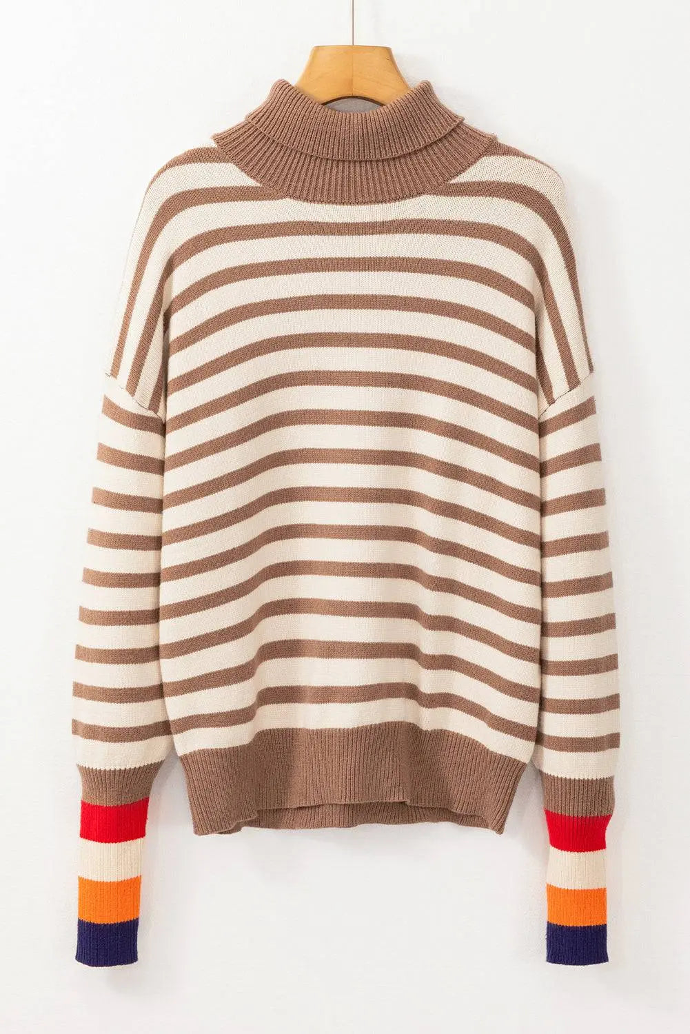 Brown Stripe Colourblock Bishop Sleeve Turtleneck Sweater - BB Fashion Outlet