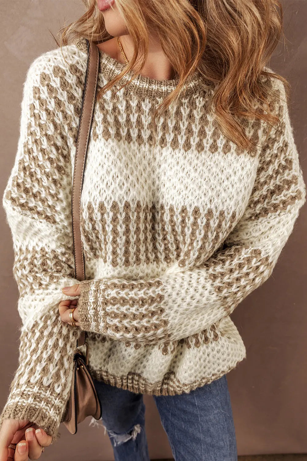Brown Stripe Drop Shoulder Round Neck Loose Sweater Beagle Boutique Fashion Outlet