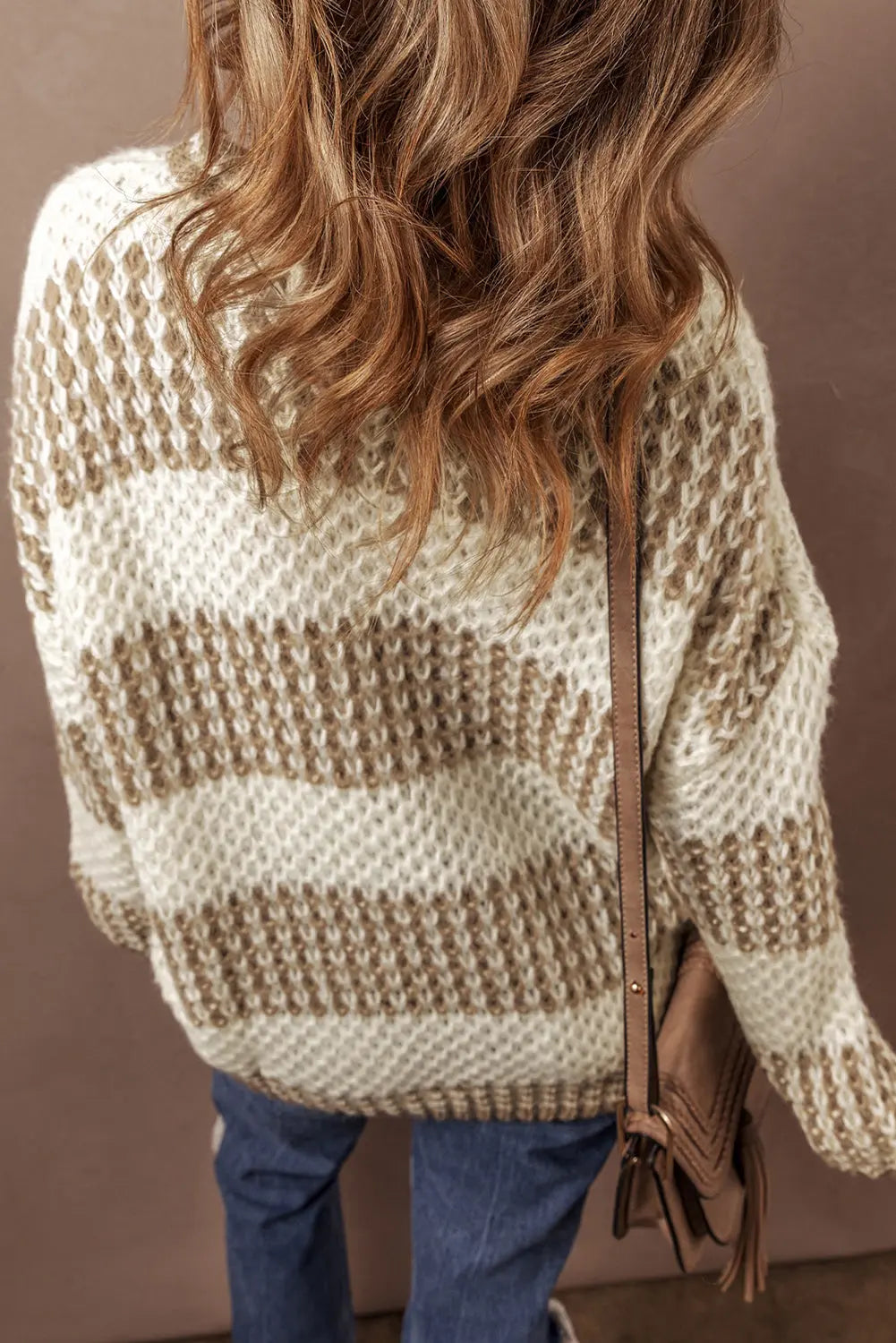 Brown Stripe Drop Shoulder Round Neck Loose Sweater Beagle Boutique Fashion Outlet