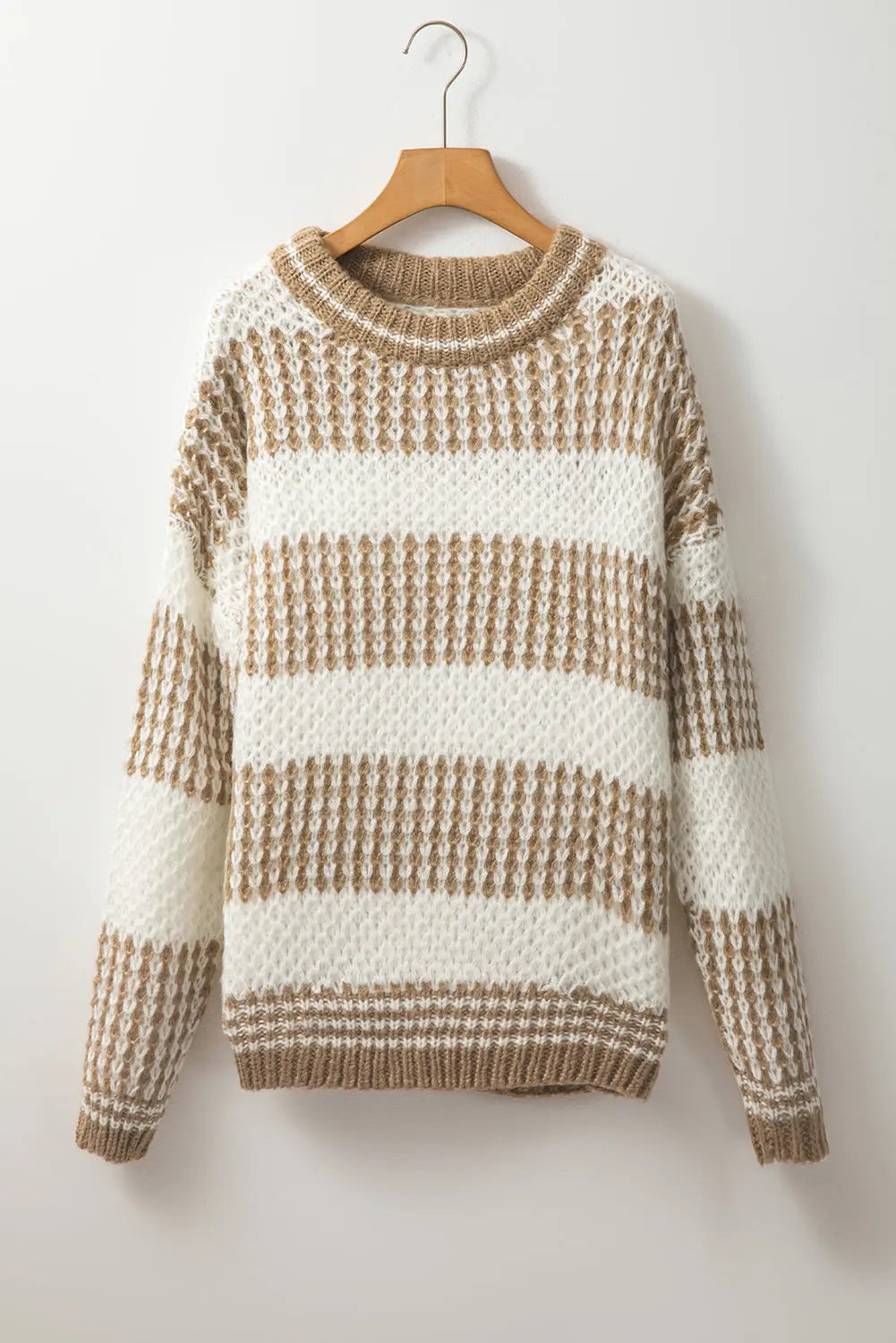 Brown Stripe Drop Shoulder Round Neck Loose Sweater Beagle Boutique Fashion Outlet