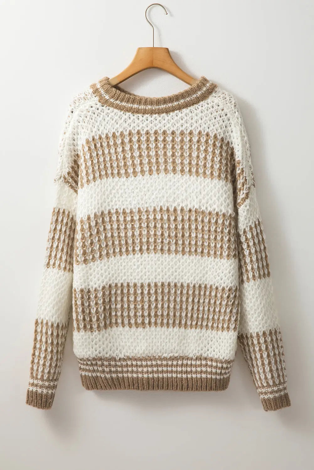 Brown Stripe Drop Shoulder Round Neck Loose Sweater Beagle Boutique Fashion Outlet