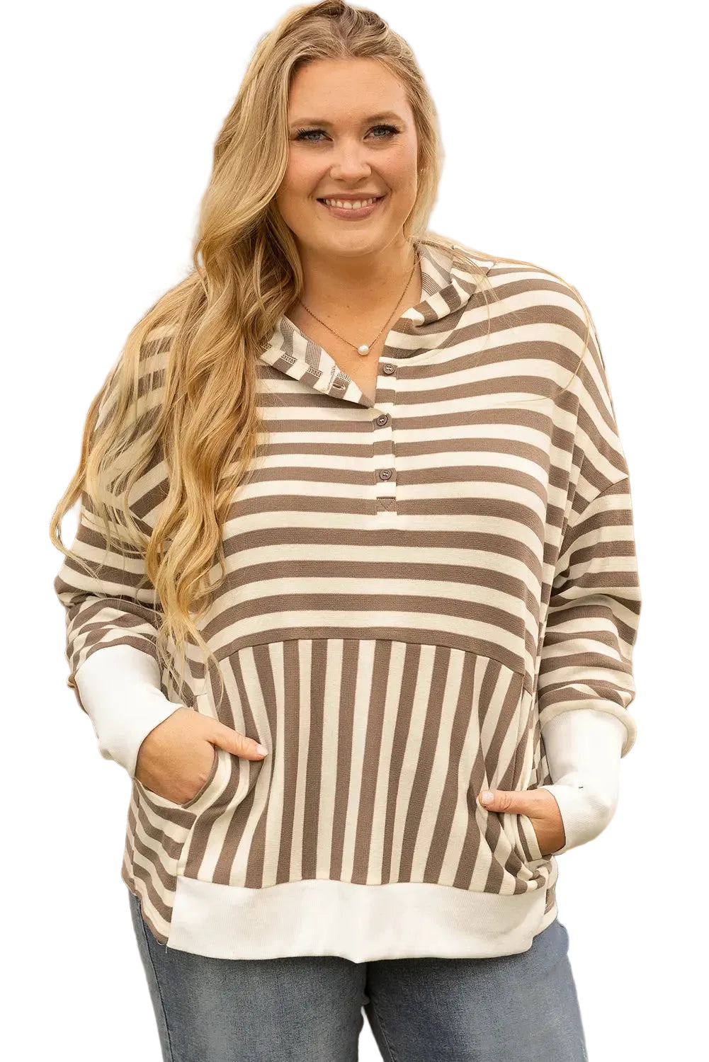 Brown Stripe Quarter Buttons Drop Sleeve Plus Size Hoodie - Size/Plus Sweatshirts & Hoodies