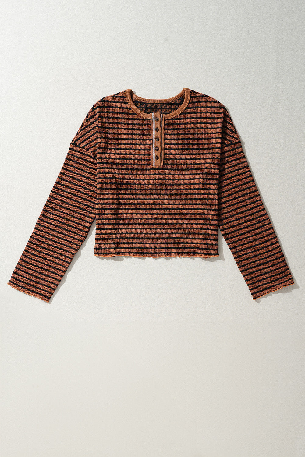 Brown Stripe Textured Frilly Trim Buttons Henley Long Sleeve Top - eAura