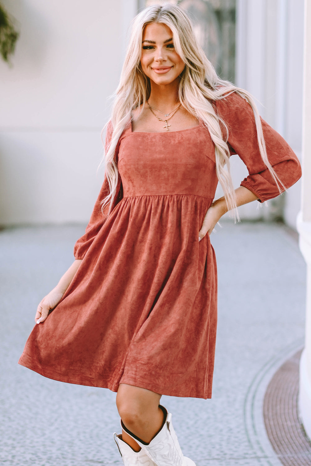 Brown Suede Square Neck Puff Sleeve Dress - eAura