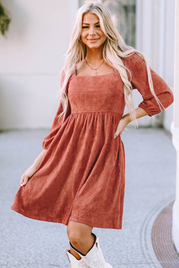 Brown Suede Square Neck Puff Sleeve Dress - eAura
