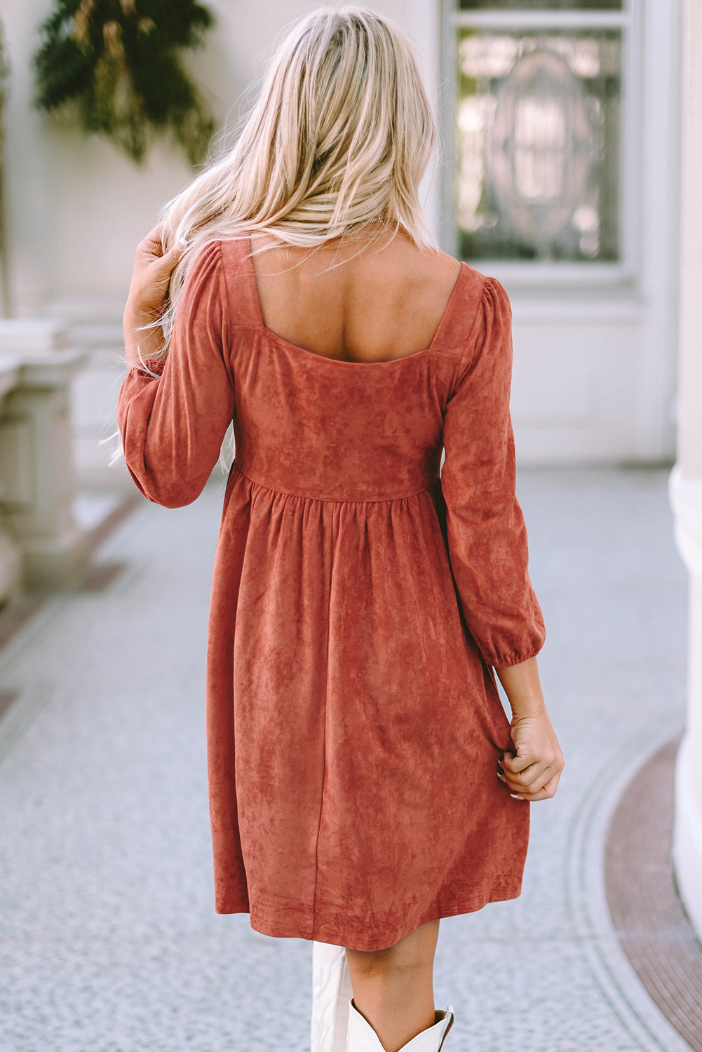Brown Suede Square Neck Puff Sleeve Dress - eAura