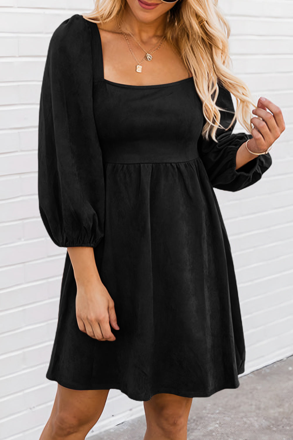 Brown Suede Square Neck Puff Sleeve Dress - eAura