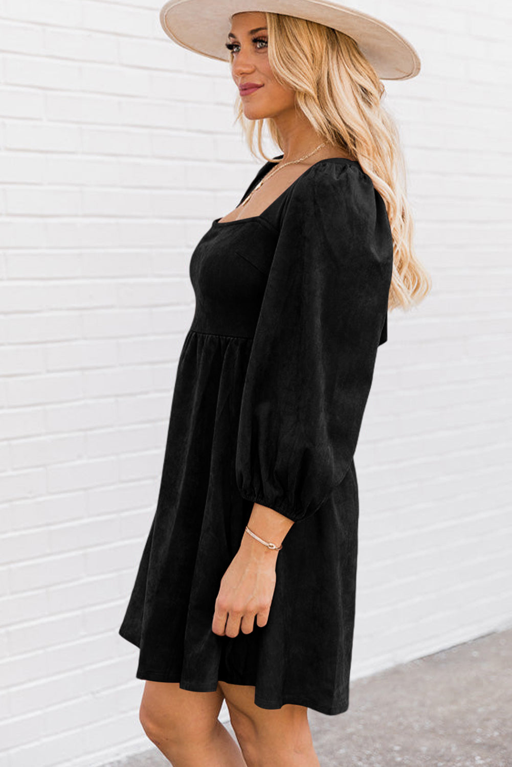 Brown Suede Square Neck Puff Sleeve Dress - eAura