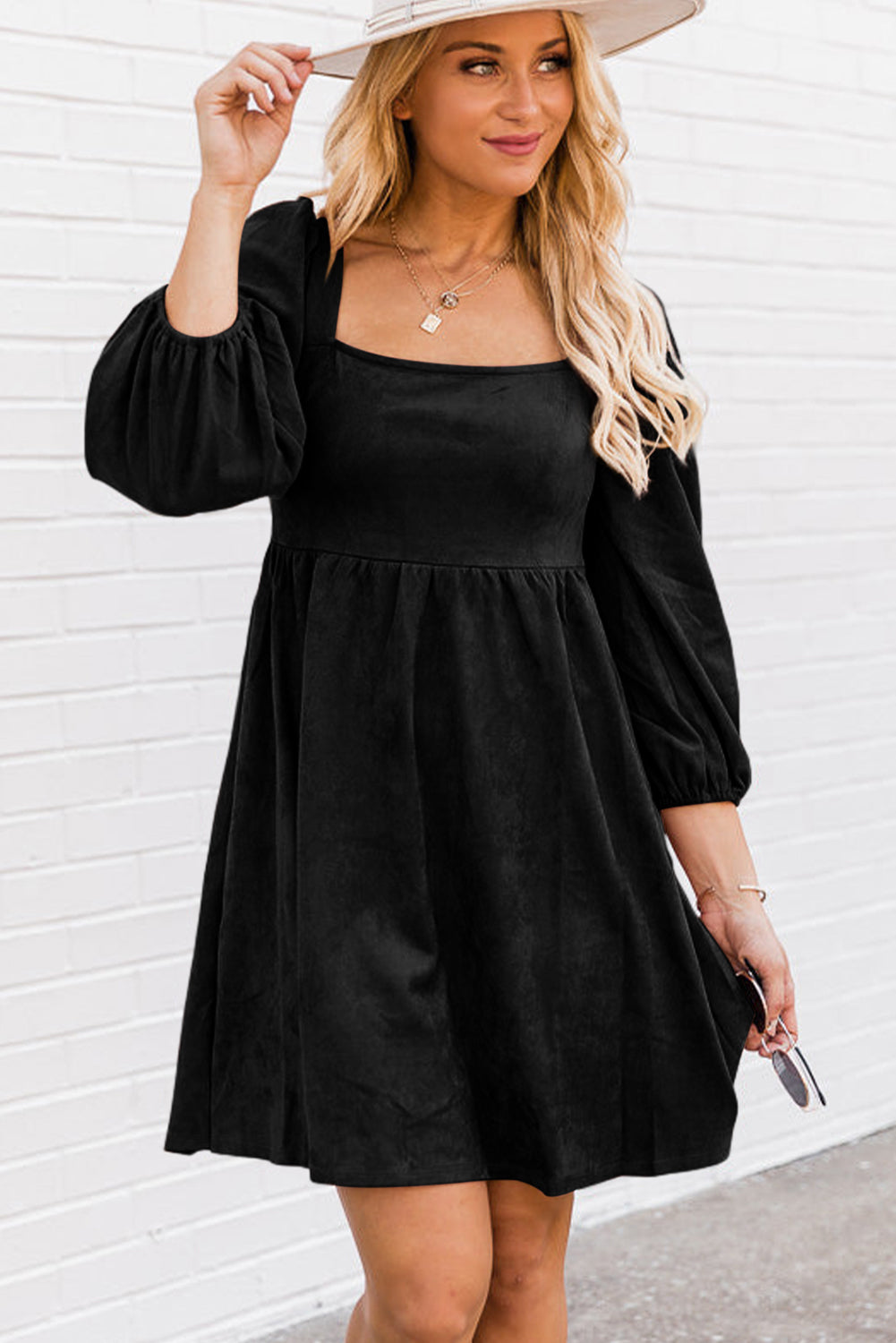 Brown Suede Square Neck Puff Sleeve Dress - eAura