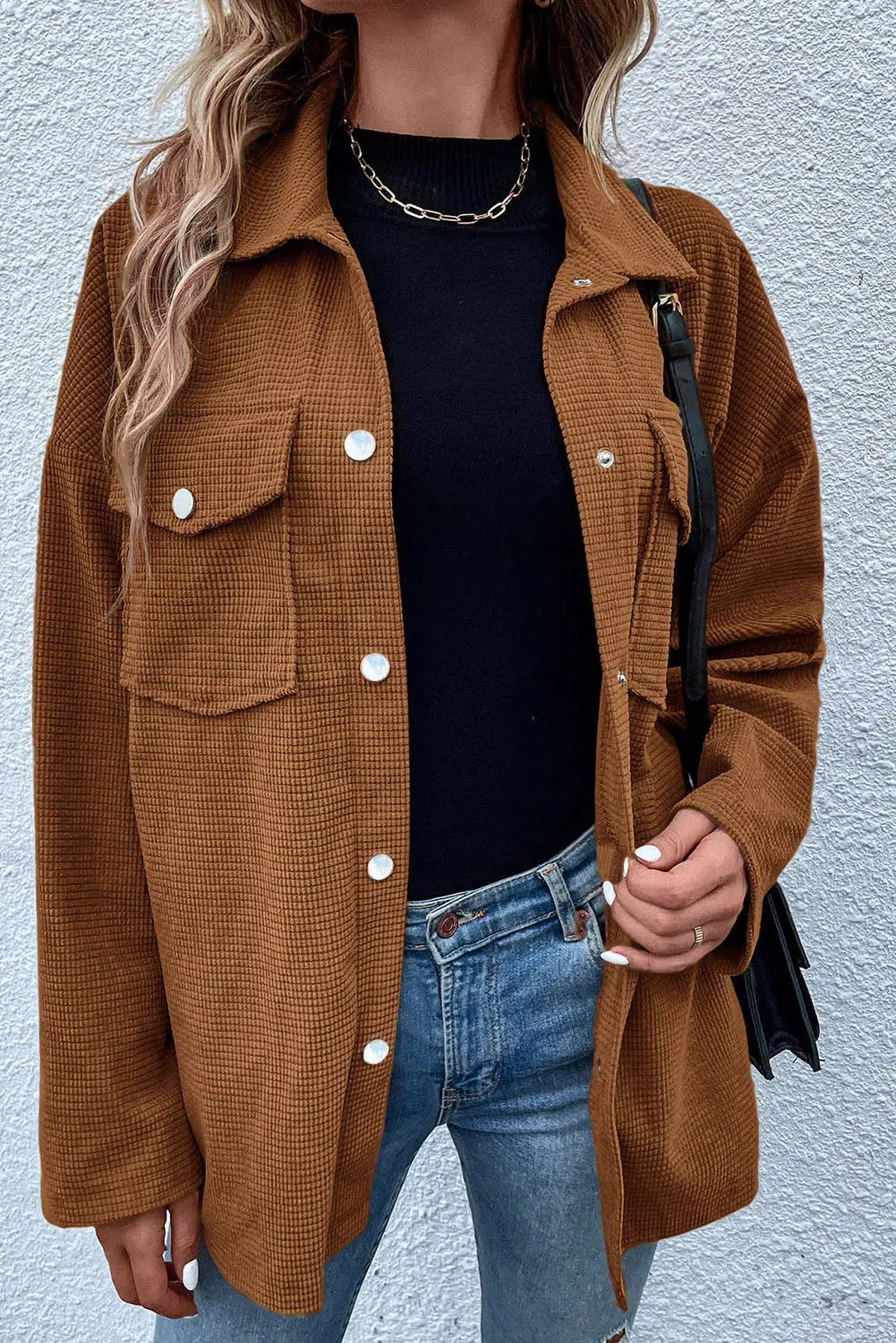 Brown Textured Flap Pocket Drop Shoulder Shacket Beagle Boutique Fashion Outlet