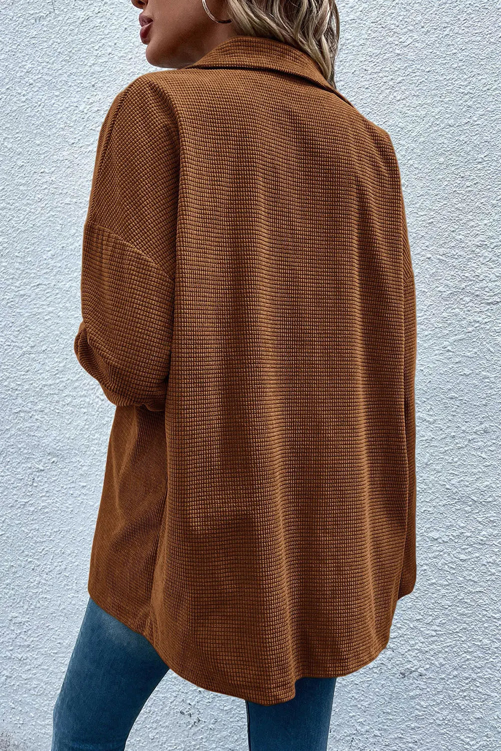 Brown Textured Flap Pocket Drop Shoulder Shacket Beagle Boutique Fashion Outlet