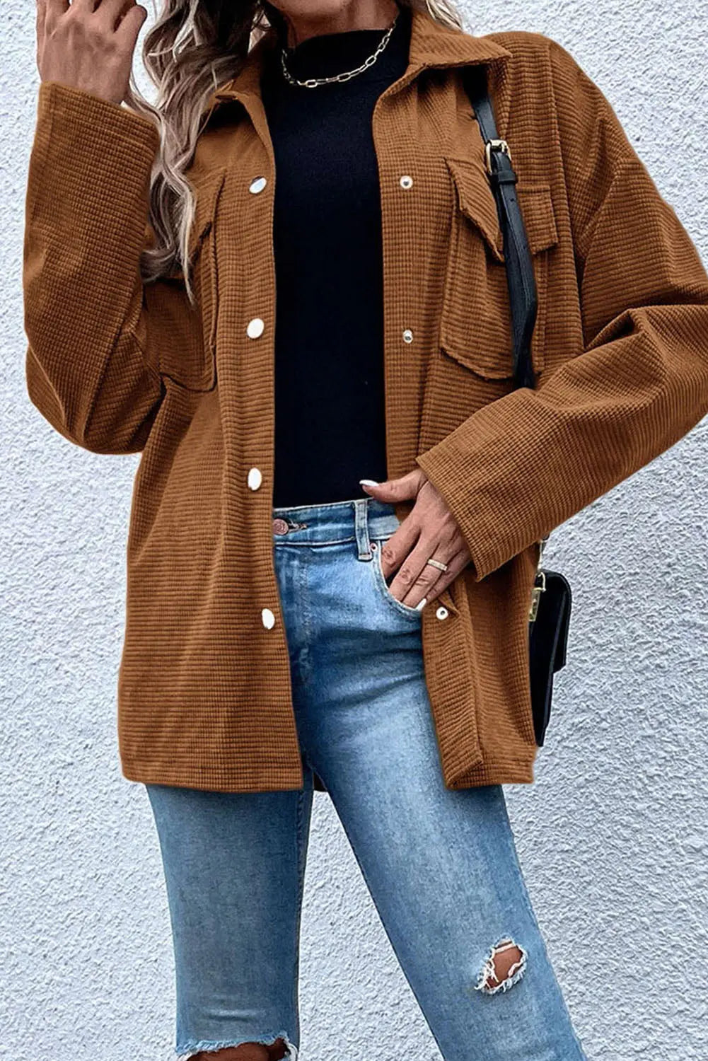 Brown Textured Flap Pocket Drop Shoulder Shacket Beagle Boutique Fashion Outlet
