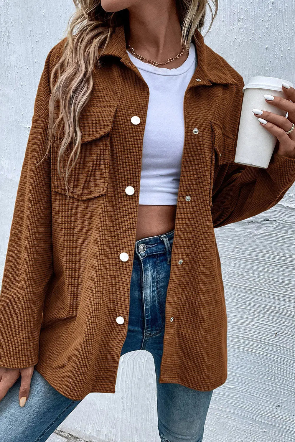 Brown Textured Flap Pocket Drop Shoulder Shacket Beagle Boutique Fashion Outlet