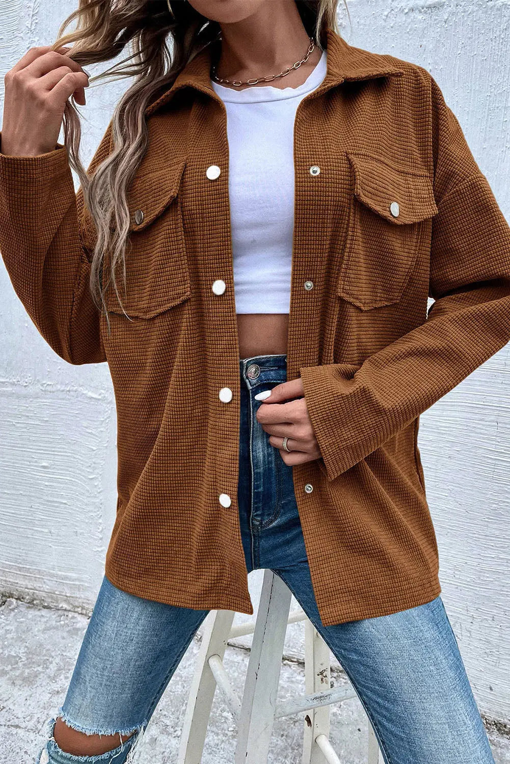 Brown Textured Flap Pocket Drop Shoulder Shacket Beagle Boutique Fashion Outlet