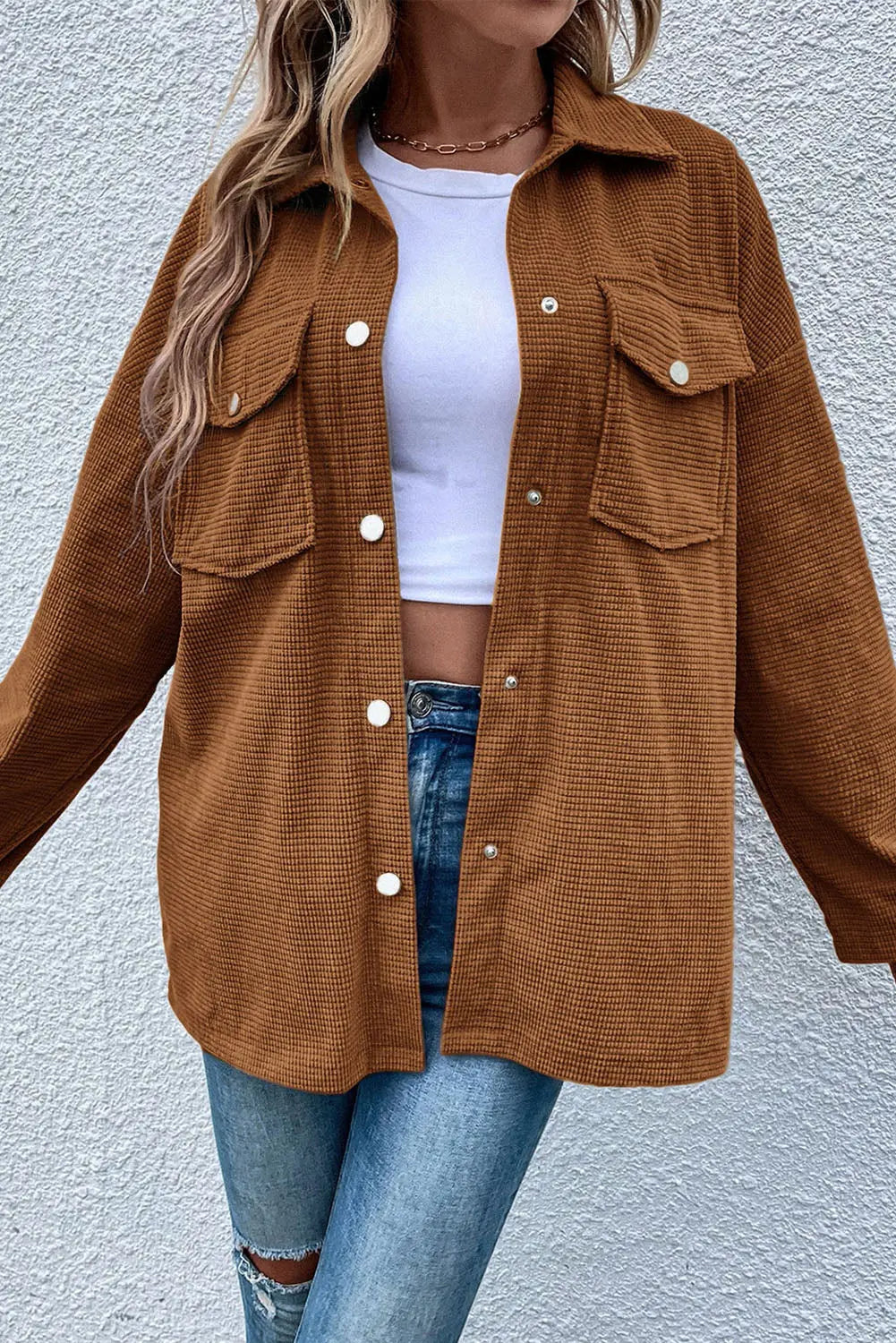 Brown Textured Flap Pocket Drop Shoulder Shacket Beagle Boutique Fashion Outlet