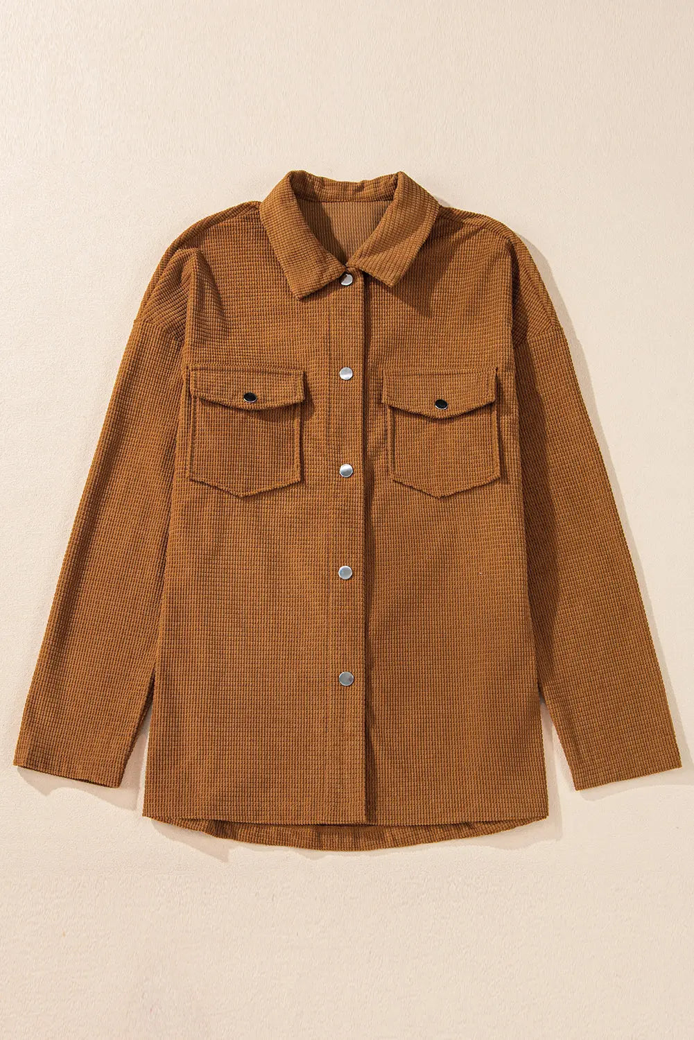 Brown Textured Flap Pocket Drop Shoulder Shacket Beagle Boutique Fashion Outlet
