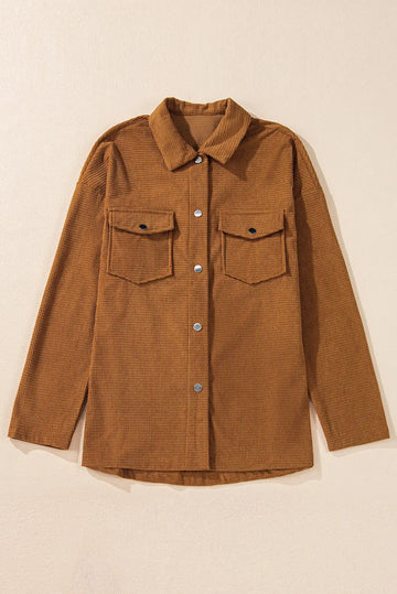Shop Brown Textured Flap Pocket Drop Shoulder Shacket at eAura