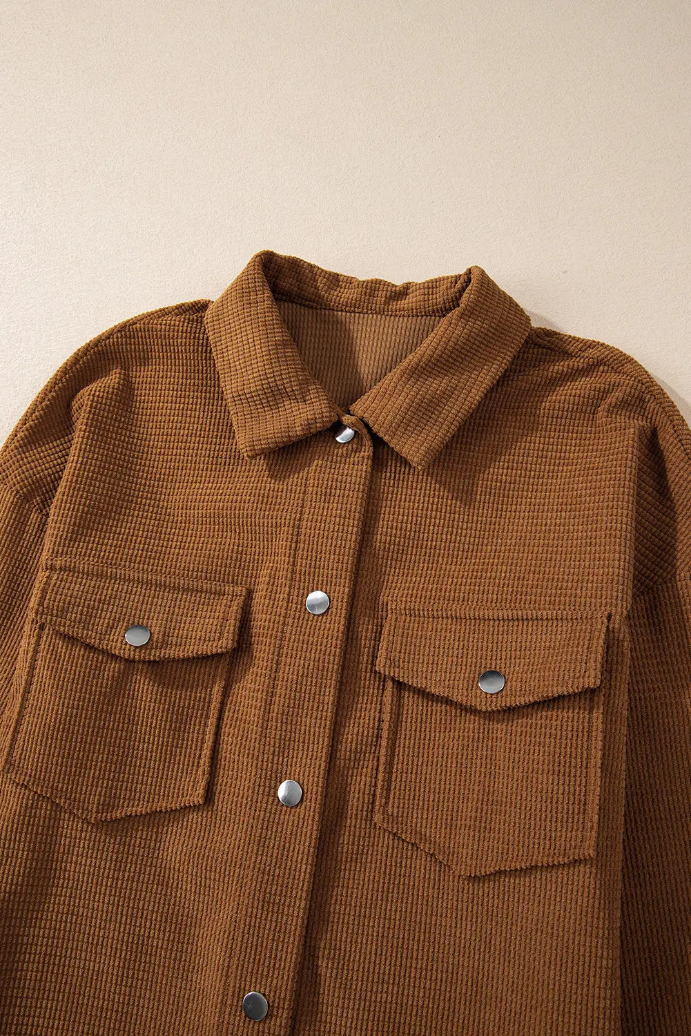 Brown Textured Flap Pocket Drop Shoulder Shacket Beagle Boutique Fashion Outlet