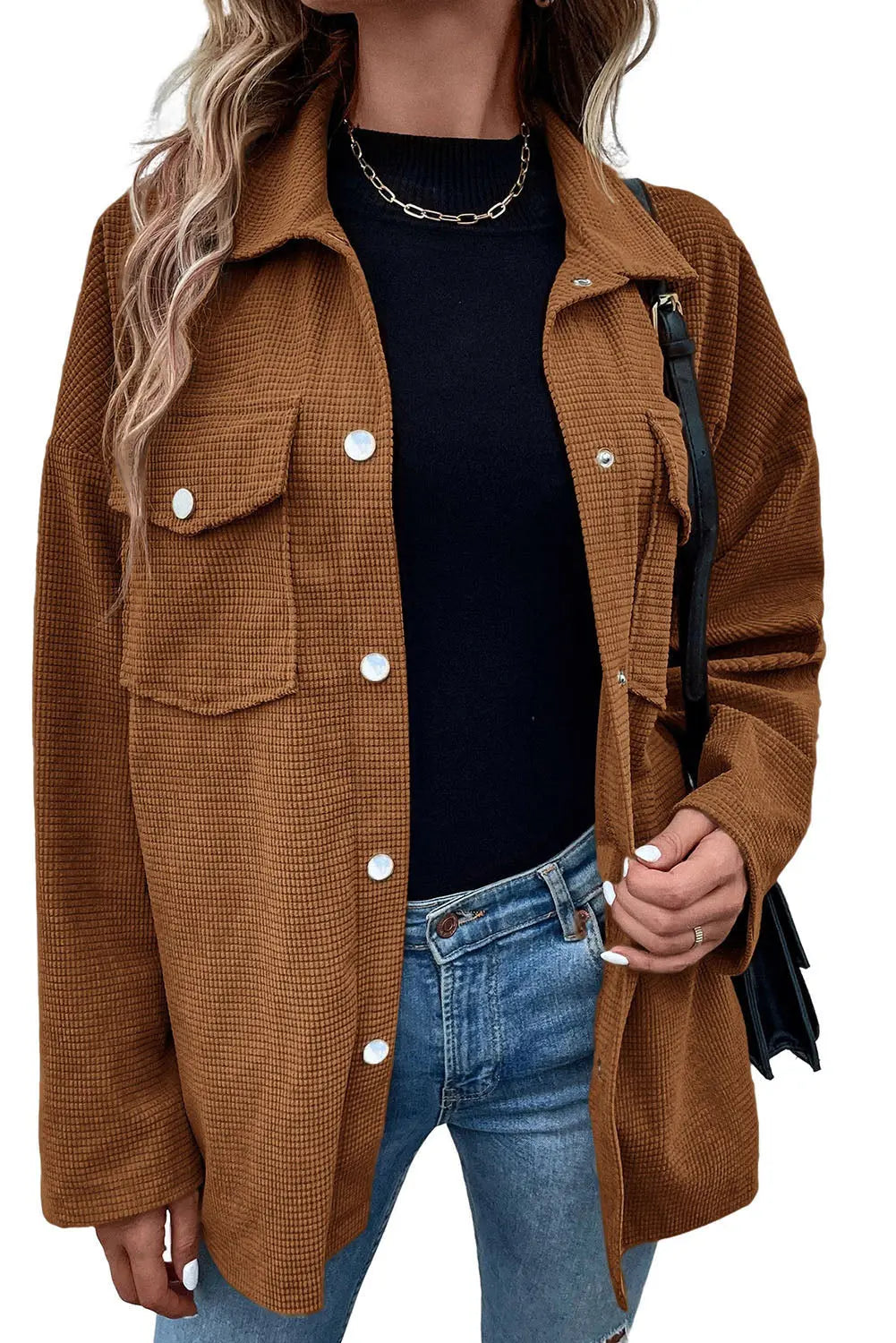 Brown Textured Flap Pocket Drop Shoulder Shacket Beagle Boutique Fashion Outlet