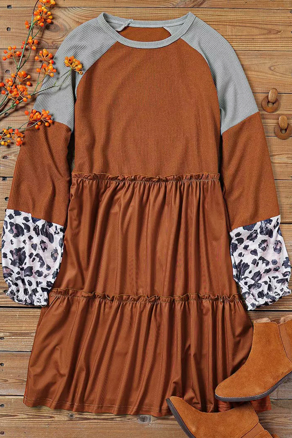Brown Waffle Knit Leopard Patchwork Long Sleeve Dress - eAura