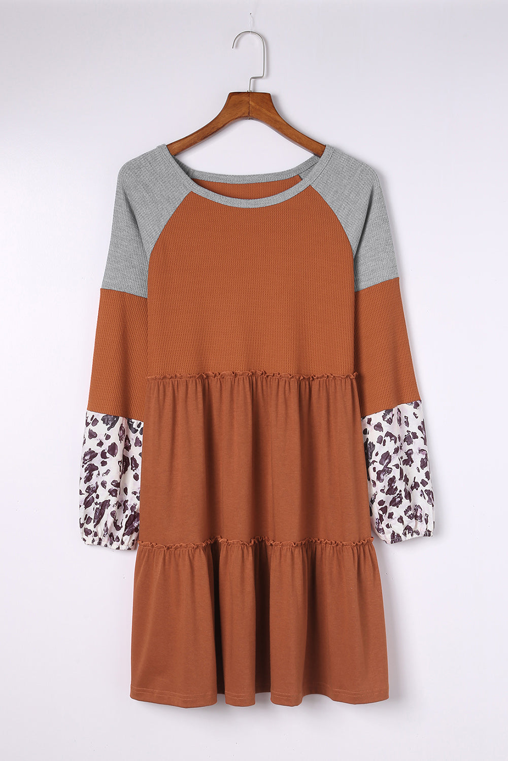 Brown Waffle Knit Leopard Patchwork Long Sleeve Dress - eAura